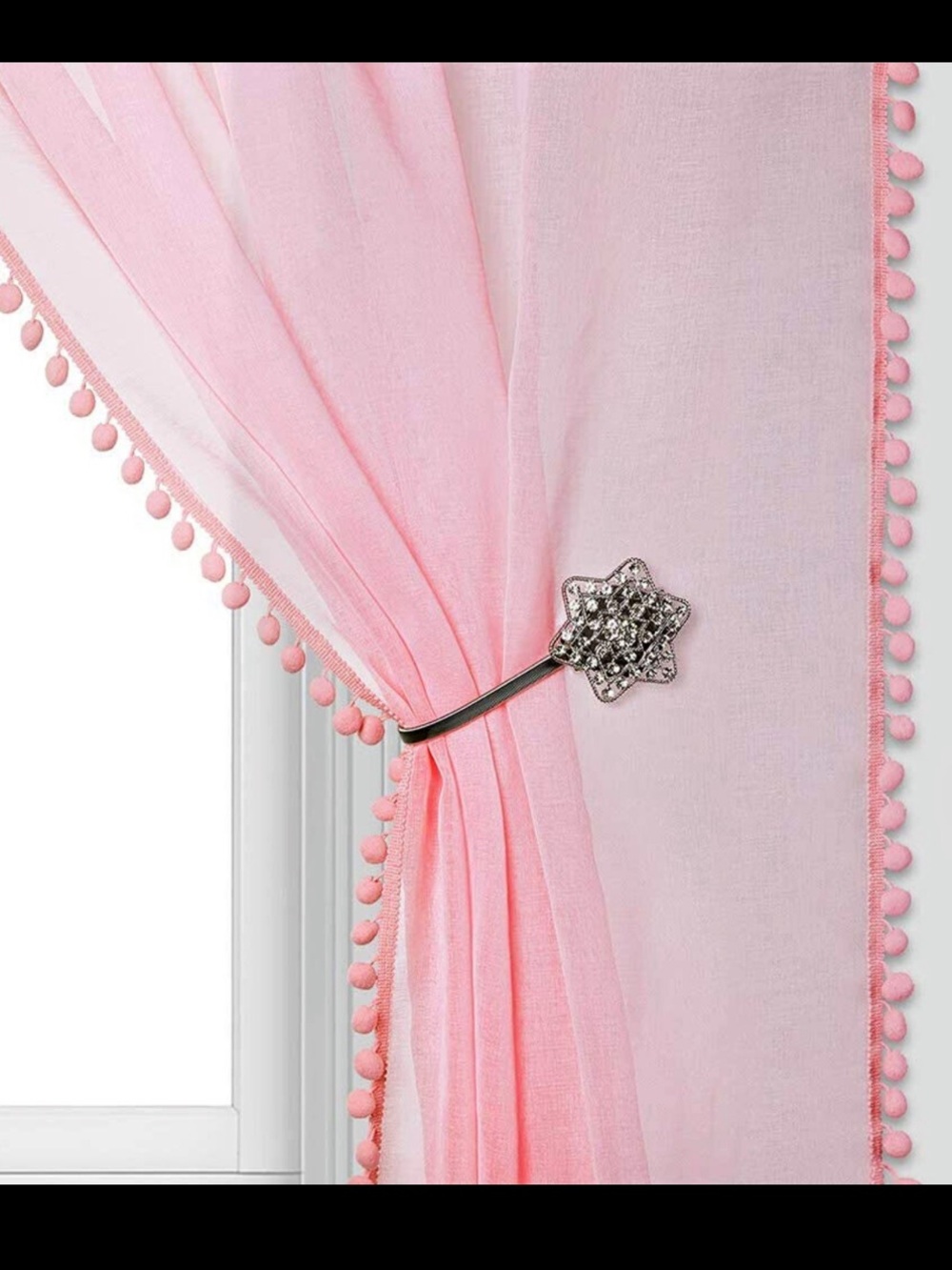 Sheer Pink Curtain Panels with Pom Trim